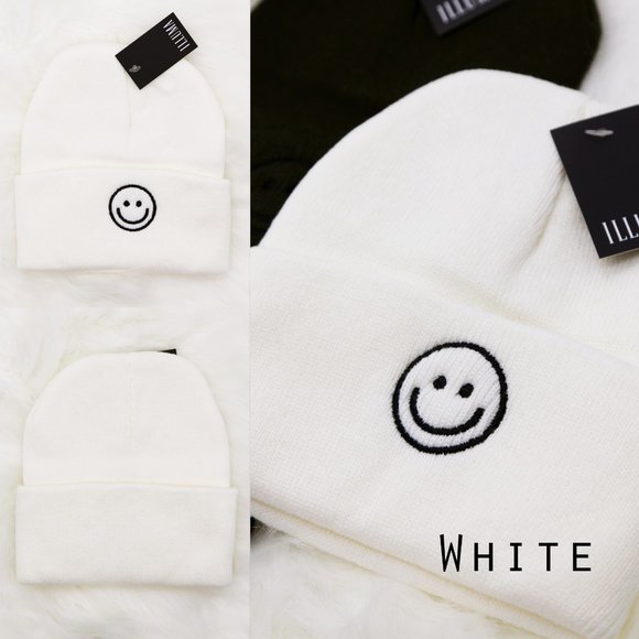NEW Smile Smiley Happy Face Emoji Embroidered Cozy Soft Warm Rib Knit Beanie Hat - Picture 8 of 14